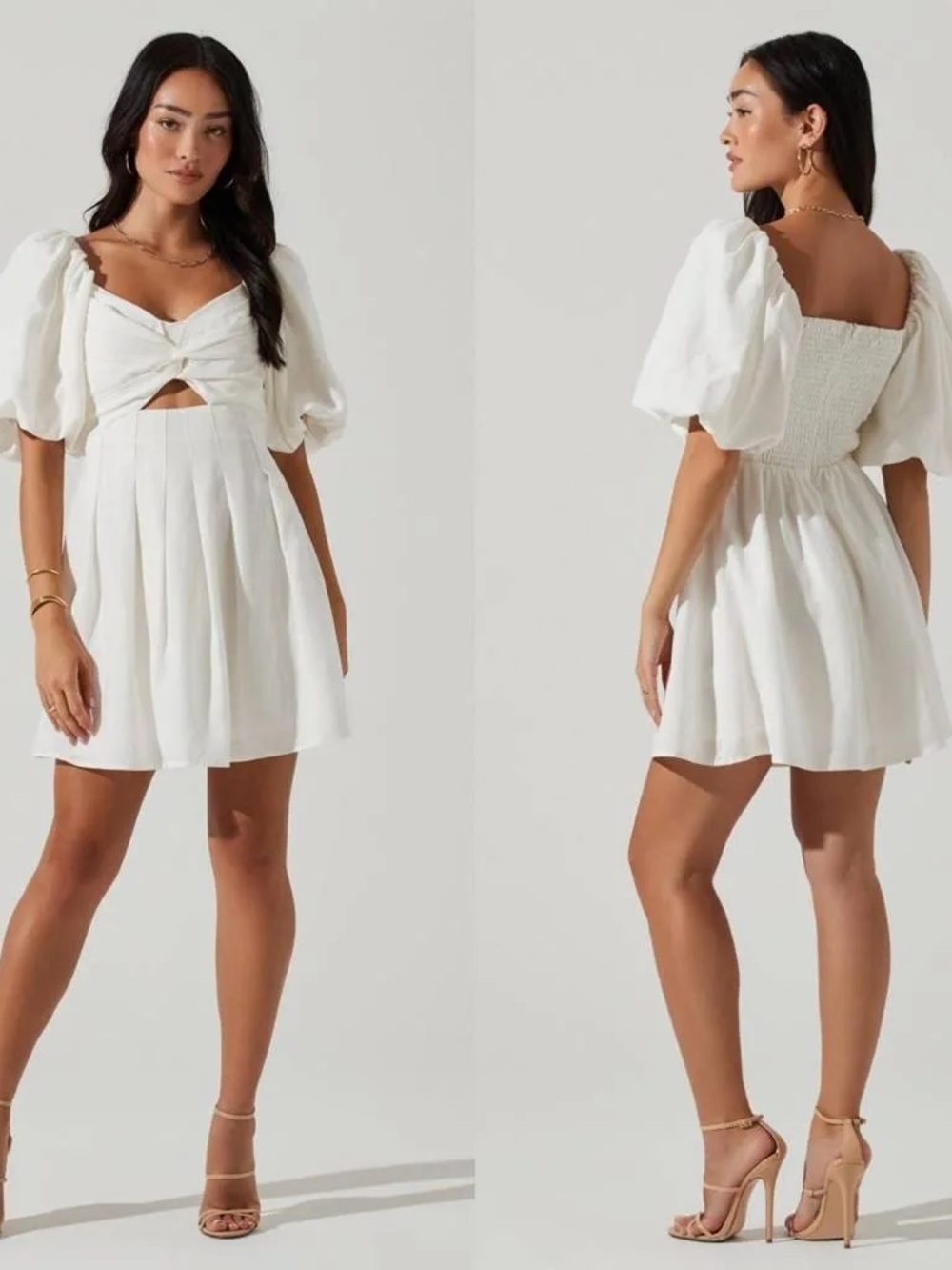Astr White Puff-Sleeve Mini Dress with Front Knot- Serilda